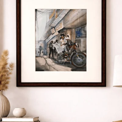 “Handmade Indian street painting with motorcycle in watercolor and acrylic, framed urban wall art by artist Jeel”