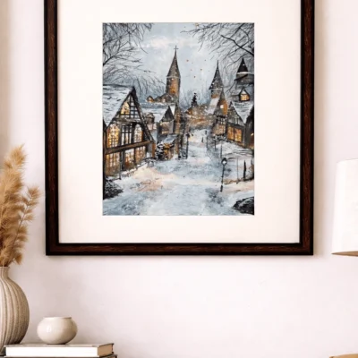 “Handmade watercolor and acrylic painting of old London streets covered in snow, framed winter cityscape artwork by Jeel”