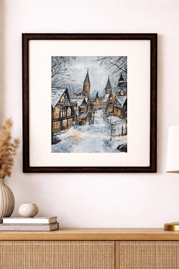 “Handmade watercolor and acrylic painting of old London streets covered in snow, framed winter cityscape artwork by Jeel”