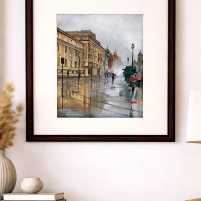 “Handmade watercolor and acrylic painting of a rainy European street with reflections and pedestrians, framed urban wall art by Jeel”