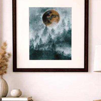 “Handmade watercolor and acrylic painting of a moonlit forest with pine trees and mist, framed nature wall art by Jeel”