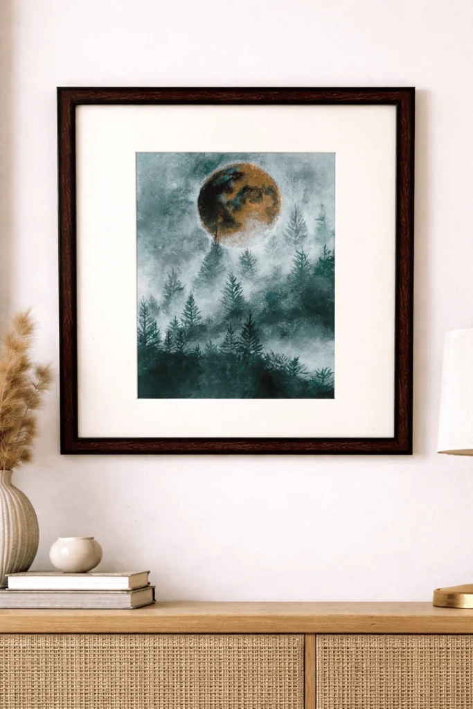 “Handmade watercolor and acrylic painting of a moonlit forest with pine trees and mist, framed nature wall art by Jeel”