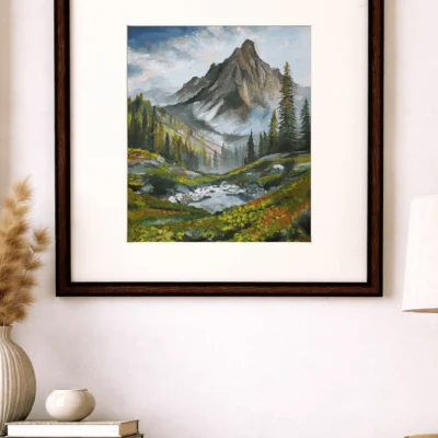 “Handmade watercolor and acrylic mountain landscape painting with forest valley and stream, framed wall art by Jeel”
