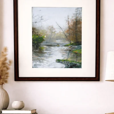 “Handmade watercolor and acrylic river landscape painting with forest and water reflections, framed wall art by Jeel”