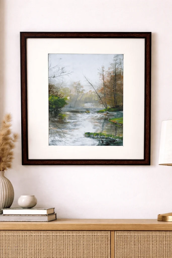 “Handmade watercolor and acrylic river landscape painting with forest and water reflections, framed wall art by Jeel”
