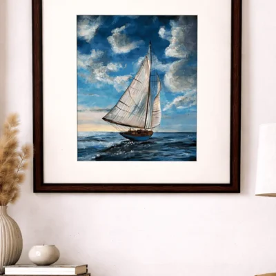 “Handmade blue sky sailing boat painting with ocean waves, watercolor and acrylic seascape wall art by Jeel”