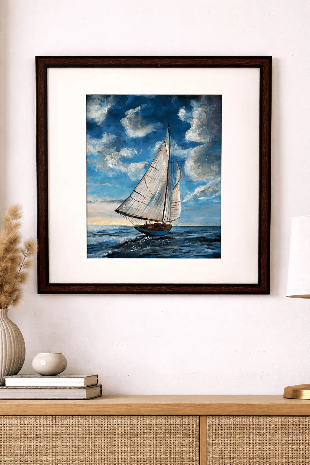 “Handmade blue sky sailing boat painting with ocean waves, watercolor and acrylic seascape wall art by Jeel”