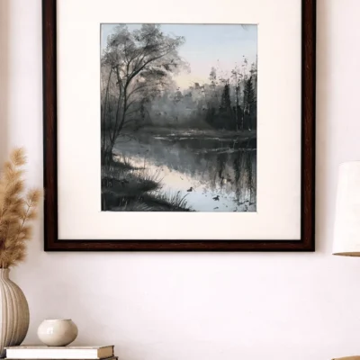Original handmade evening river landscape painting by Jeel in watercolor and acrylic on cold press paper.