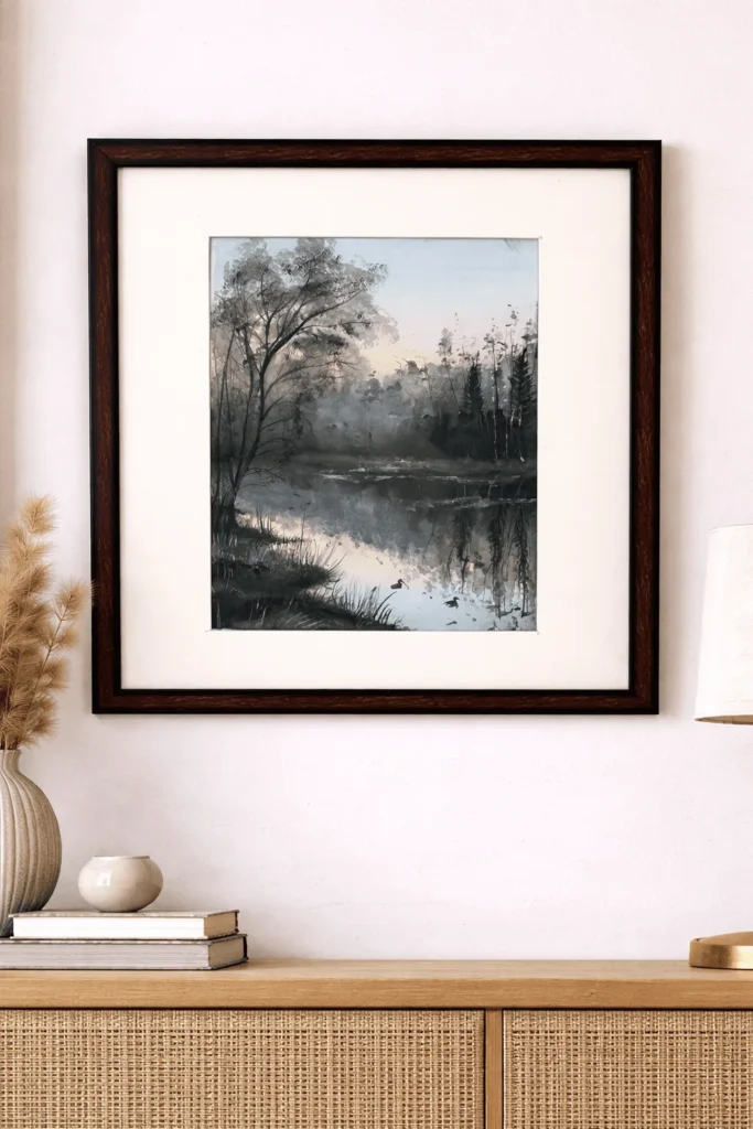 Original handmade evening river landscape painting by Jeel in watercolor and acrylic on cold press paper.