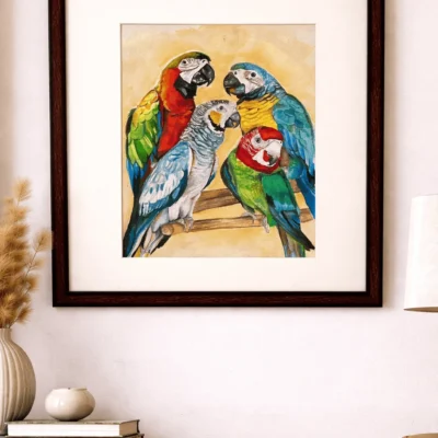 “Handmade colorful parrot bird painting with vibrant feathers, watercolor and acrylic artwork by Jeel”