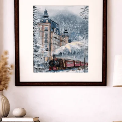 “Handmade Budapest snow cityscape painting with vintage train, watercolor and acrylic artwork by Jeel”