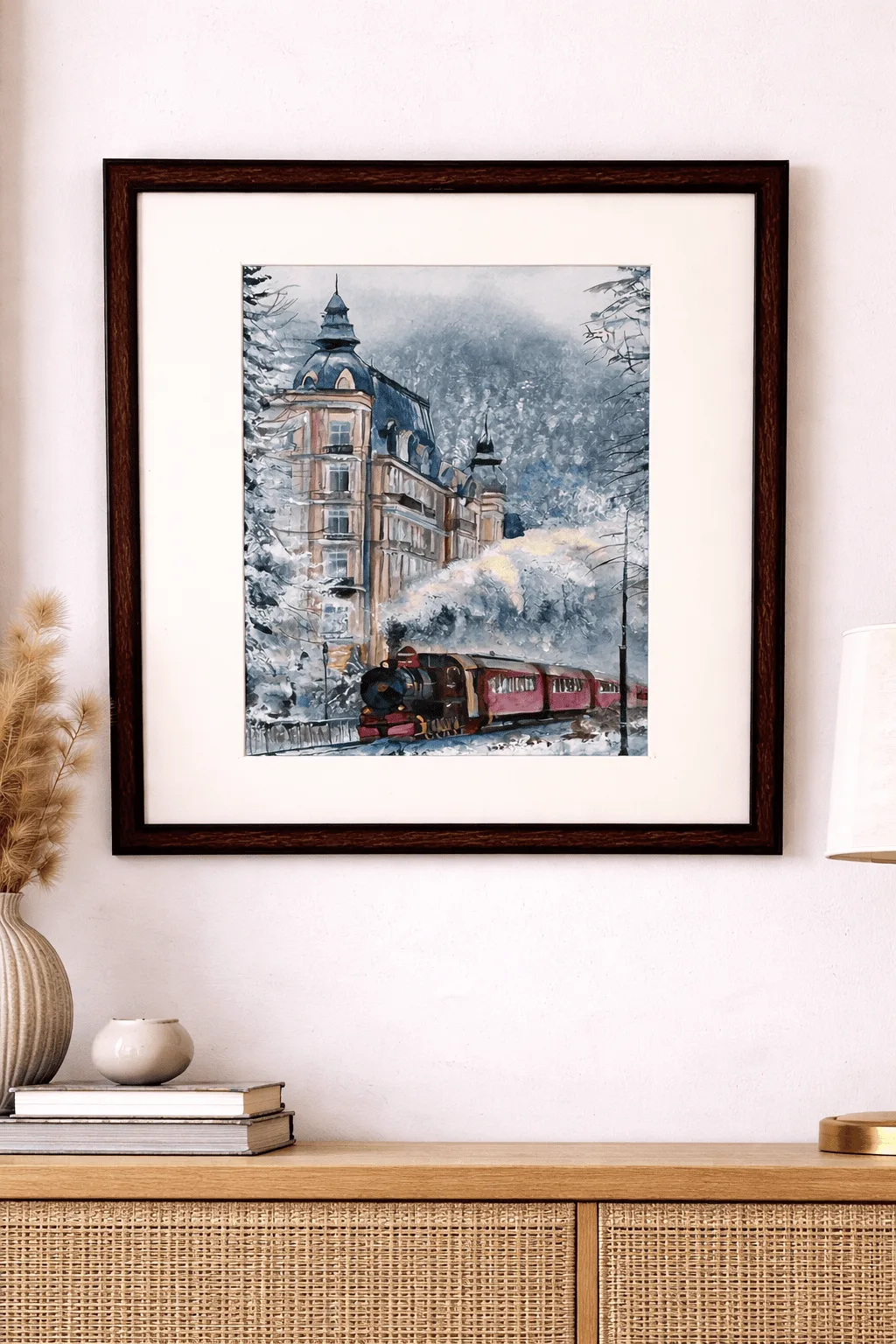 “Handmade Budapest snow cityscape painting with vintage train, watercolor and acrylic artwork by Jeel”