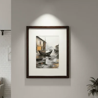 “Handmade framed boat painting by artist Jeel created with acrylic and watercolor on cold press paper, depicting a calm waterside scene”