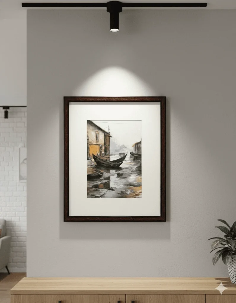 “Handmade framed boat painting by artist Jeel created with acrylic and watercolor on cold press paper, depicting a calm waterside scene”