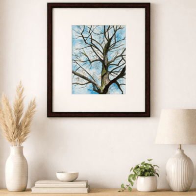 “Original handmade tree painting by artist Jeel, watercolor and acrylic on cold press paper, framed nature wall art”