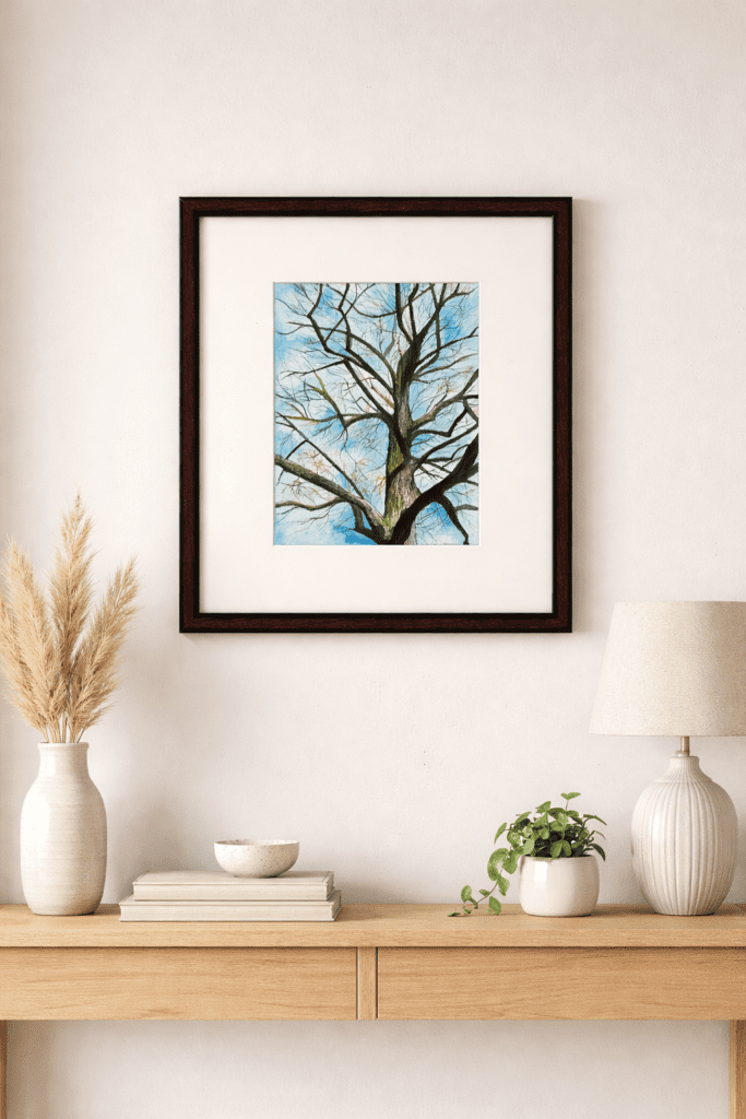 “Original handmade tree painting by artist Jeel, watercolor and acrylic on cold press paper, framed nature wall art”