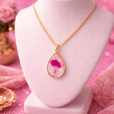 🌸 Pressed Flower Resin Pendant Necklace (Gold Finish)