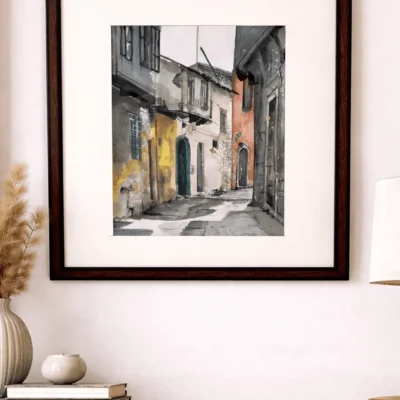 “Silent Alley” – Original Old European Street Painting by Jeel Vintage City Wall Art