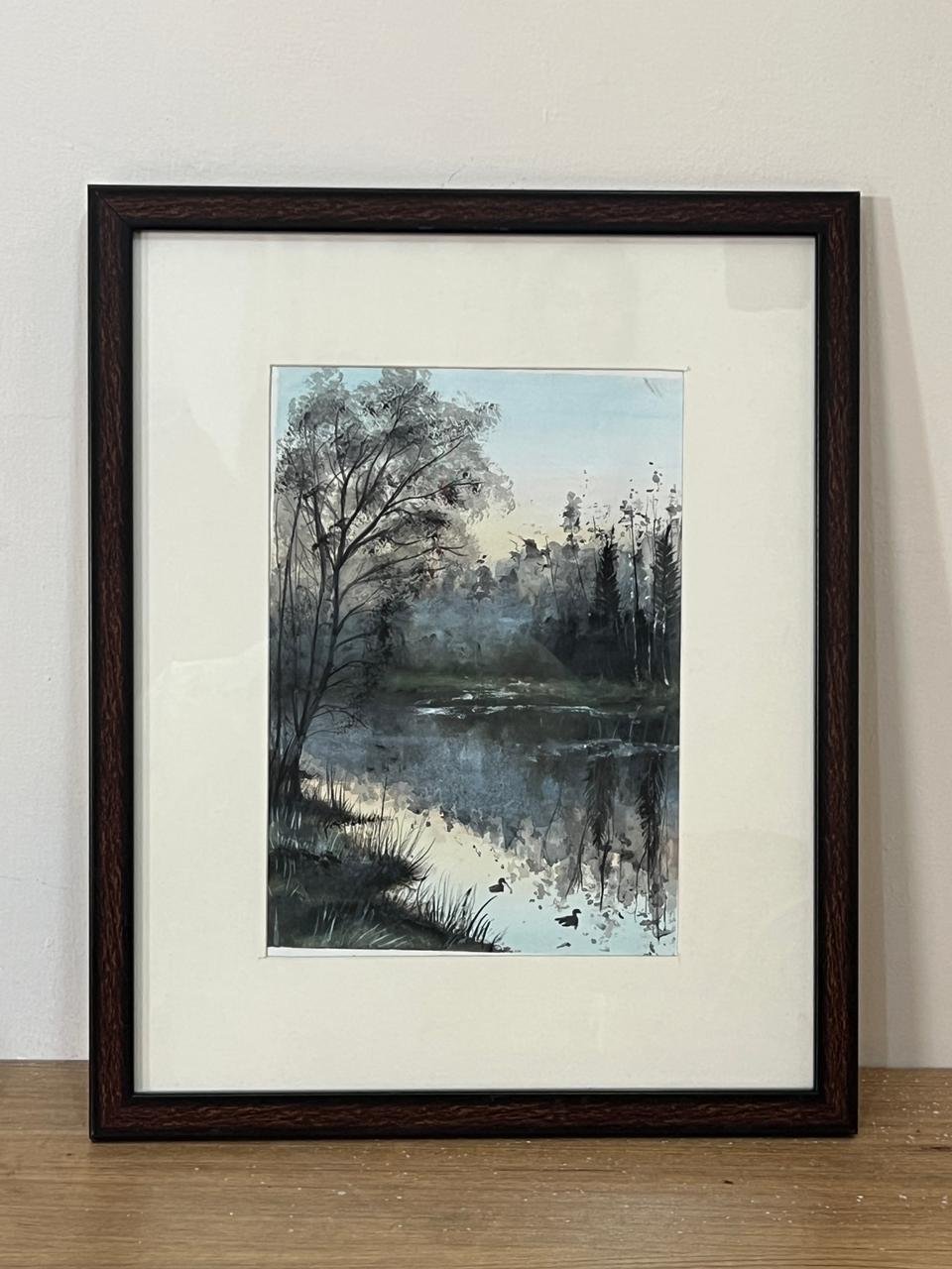 Original handmade evening river landscape painting by Jeel in watercolor and acrylic on cold press paper.