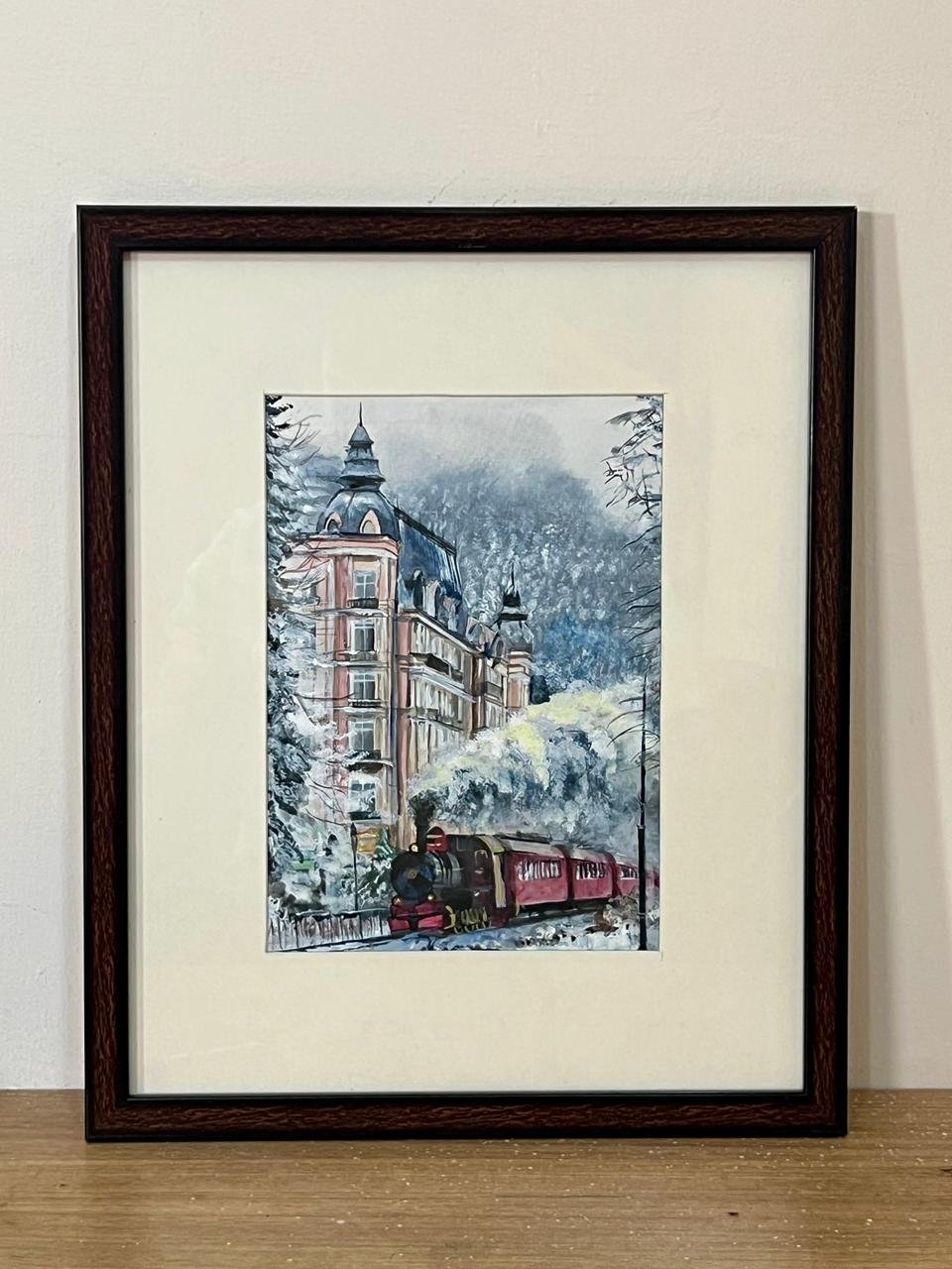 “Handmade Budapest snow cityscape painting with vintage train, watercolor and acrylic artwork by Jeel”