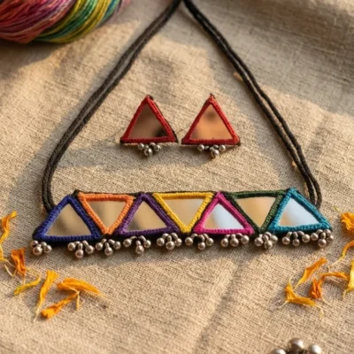 Aanya Aaina Dark Rainbow Choker Ethnic Tribal Mirror Work Set for Women