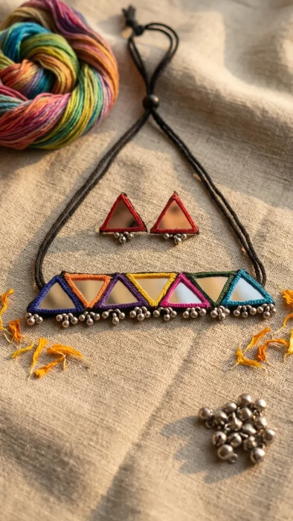 Aanya Aaina Dark Rainbow Choker Ethnic Tribal Mirror Work Set for Women