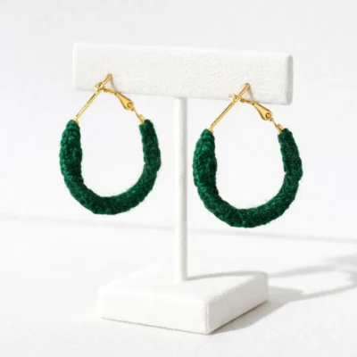 Green Macrame Hoop Earrings Handmade | Emerald Cotton Minimal Jewelry