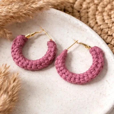 Dusty Rose Macrame Hoop Earrings Handmade | Minimal Cotton Jewelry for Women