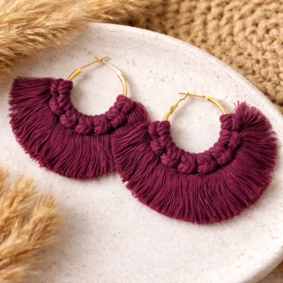 Shop wine maroon macrame fringe earrings handmade with cotton thread. Elegant boho statement earrings, lightweight & perfect for festive styling.