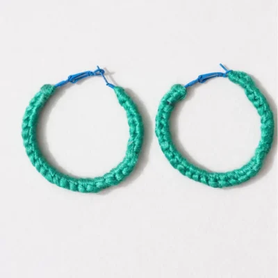 Emerald Green Macramé Hoop Earrings | Handmade Cotton Hoops with Blue Metal Hooks