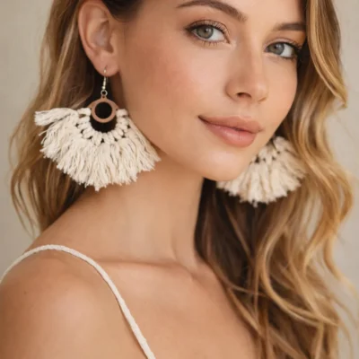 Off White Boho Macramé Fringe Earrings | Handmade Cotton Statement Earrings