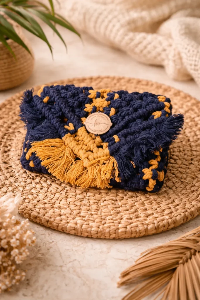 Handmade Macramé Clutch Purse | Navy Blue & Mustard Boho Cotton Handbag for Women