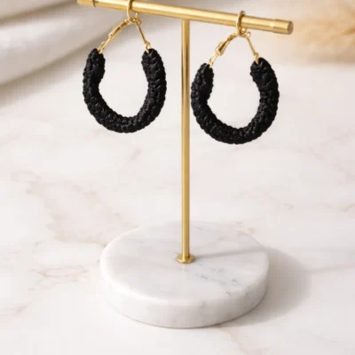 Black Macrame Hoop Earrings Handmade | Cotton Wrapped Minimal Jewelry