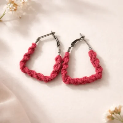 Twisted Pink Macrame Hoop Earrings Handmade | Textured Cotton Statement Jewelry
