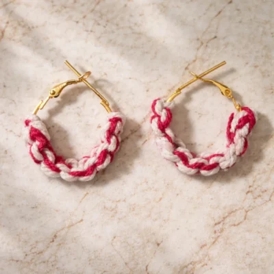Pink White Macrame Hoop Earrings Handmade | Dual Tone Twisted Cotton Jewelry
