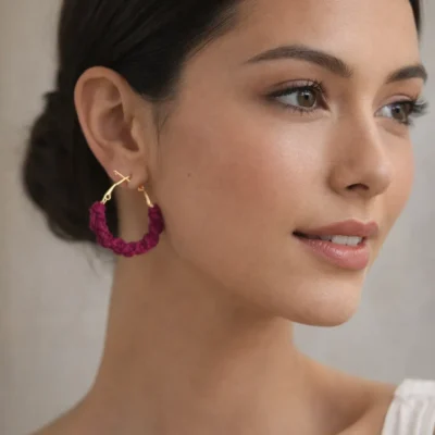 Dark Pink Macrame Hoop Earrings Handmade | Twisted Cotton Statement Jewelry