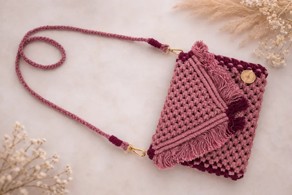 Elegant handmade crochet sling bag in pink color with stylish macrame design. Lightweight, trendy and perfect for casual outings, travel and daily use. Unique handcrafted purse for women.