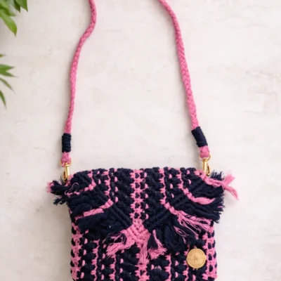 pink and navy blue macrame purse