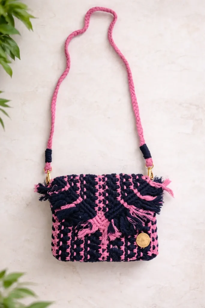 pink and navy blue macrame purse