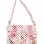 Handmade Macrame Shoulder Purse – Pink & Cream Crochet Sling Bag | Boho Small Shoulder Bag | 15 Inch Handmade Women’s Purse