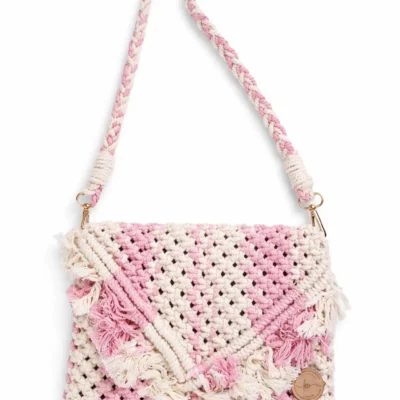 Handmade Macrame Shoulder Purse – Pink & Cream Crochet Sling Bag | Boho Small Shoulder Bag | 15 Inch Handmade Women’s Purse