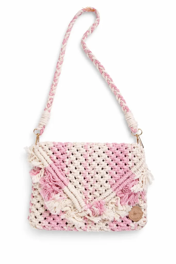 Handmade Macrame Shoulder Purse – Pink & Cream Crochet Sling Bag | Boho Small Shoulder Bag | 15 Inch Handmade Women’s Purse