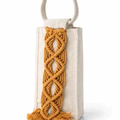 Handmade Macrame Bottle Bag | Cotton Wine & Water Bottle Holder (Rust & Off White)