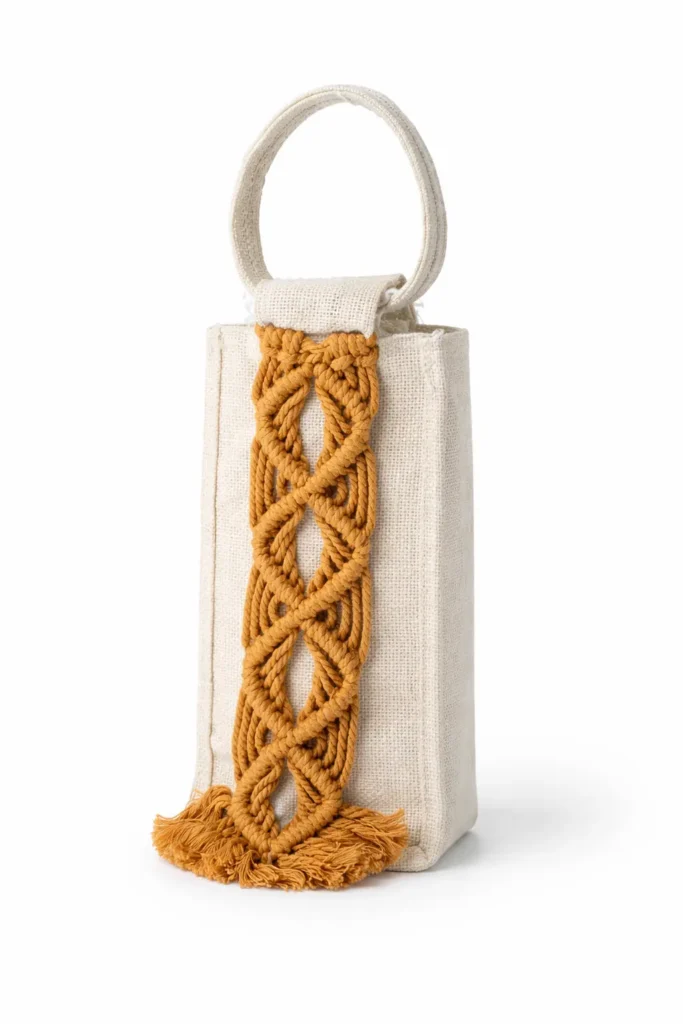 Handmade Macrame Bottle Bag | Cotton Wine & Water Bottle Holder (Rust & Off White)