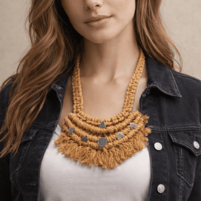 Mustard Boho Macramé Statement Necklace with Tassels & Metal Accents