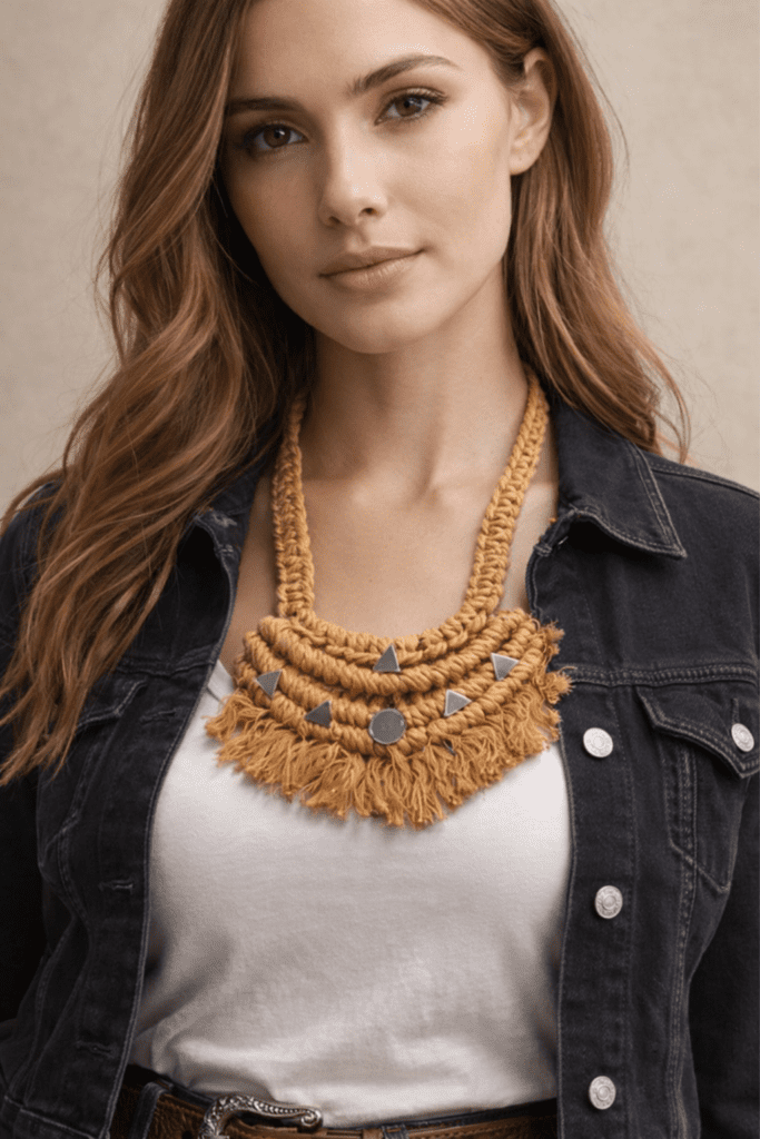 Mustard Boho Macramé Statement Necklace with Tassels & Metal Accents