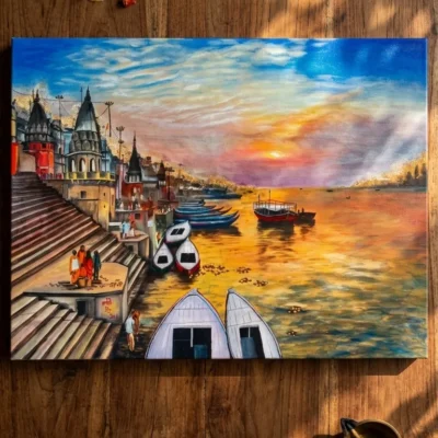 Handmade Varanasi ghat painting showing sunset over Ganga river with boats and temples on canvas