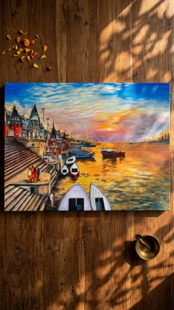 Handmade Varanasi ghat painting showing sunset over Ganga river with boats and temples on canvas