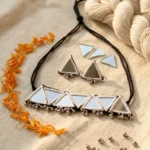 Handmade white macrame mirror necklace set with triangle design and matching earrings for women