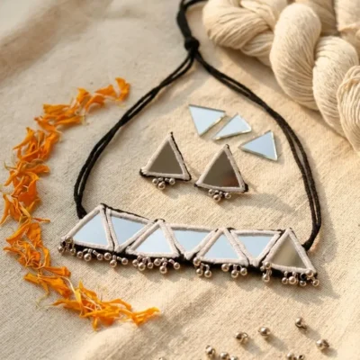 Handmade white macrame mirror necklace set with triangle design and matching earrings for women